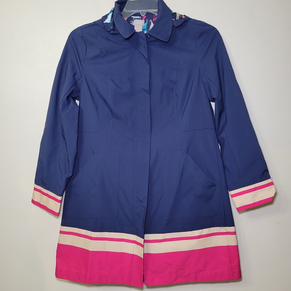 Chicos Navy Blue Pink Striped Hooded Raincoat Pleated Back Sailboat Lining  4/6